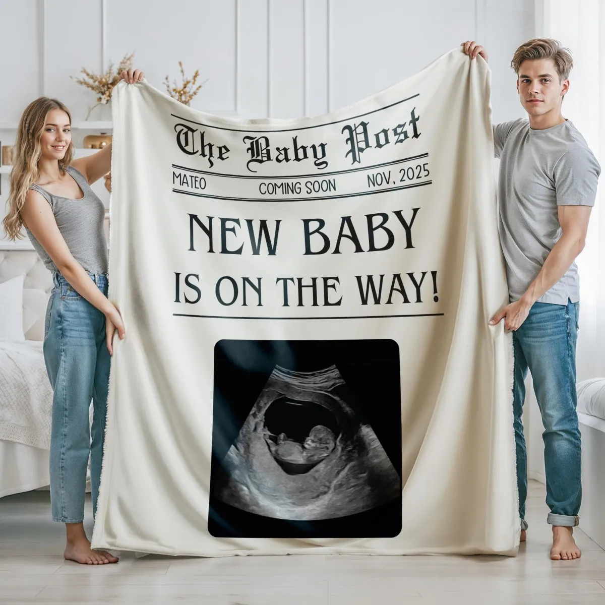 Personalized Baby Photo Blanket, Birth Announcement Newspaper Design, Pregnancy Reveal Gift, Custom Birthday Blanket