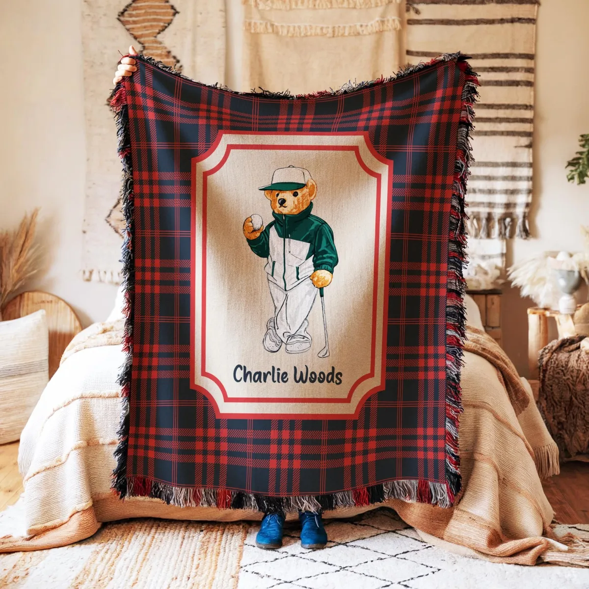 Custom Name Golf Bear Woven Baby Blanket, Personalized Green Plaid Bear Newborn Gift, Custom Throw for Bear Nursery Decor, Baby Shower Gift