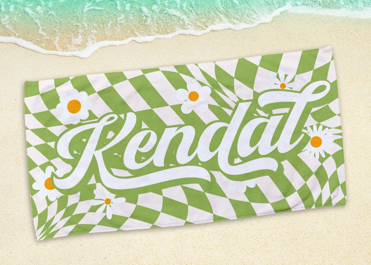 Retro Checkered Pattern Beach Towel, Custom Beach Towel, Personalized Hippie Style Beach Towel, Birthday, Bridesmaid, Bridal Shower Gift