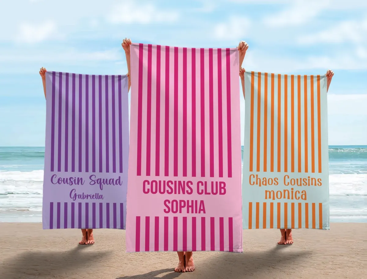 Personalized Cousin Crew Beach Towel, Retro Groovy Striped Towel, Custom Family Vacation Gift