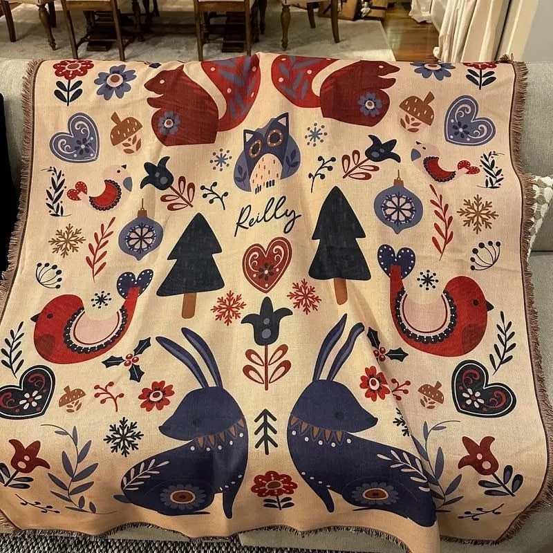 Personalized Christmas Folk Pattern Woven Tapestry, Scandinavian Art Blanket, Norwegian Swedish Sofa Throw, Woodland Animals, Christmas Gift