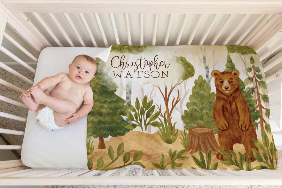 Custom Woodland Baby Blanket, Watercolor Bear Nursery Decor, Personalizable Couch Throw, Teddy Bear Blanket, Baby Boy Blanket