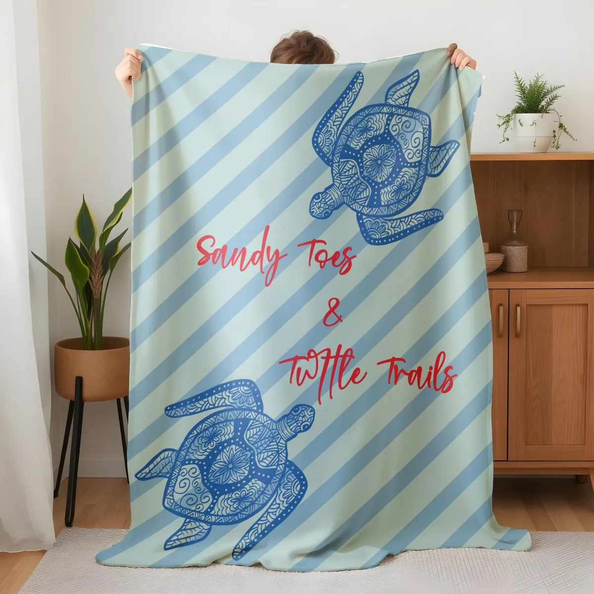Sandy Toes and Turtle Trails Blue Striped Beach Blanket, Coastal Throw Blanket, Summer Decor, Ocean Lover Gift, Cute Picnic Blanket