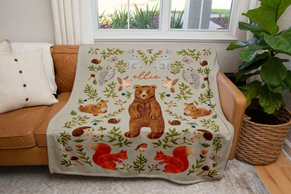 Woodland Animal Blanket With Name, Forest Creatures Nursery Quilt, Personalizable Couch Throw, Scandinavian House Decor, Baby Blanket
