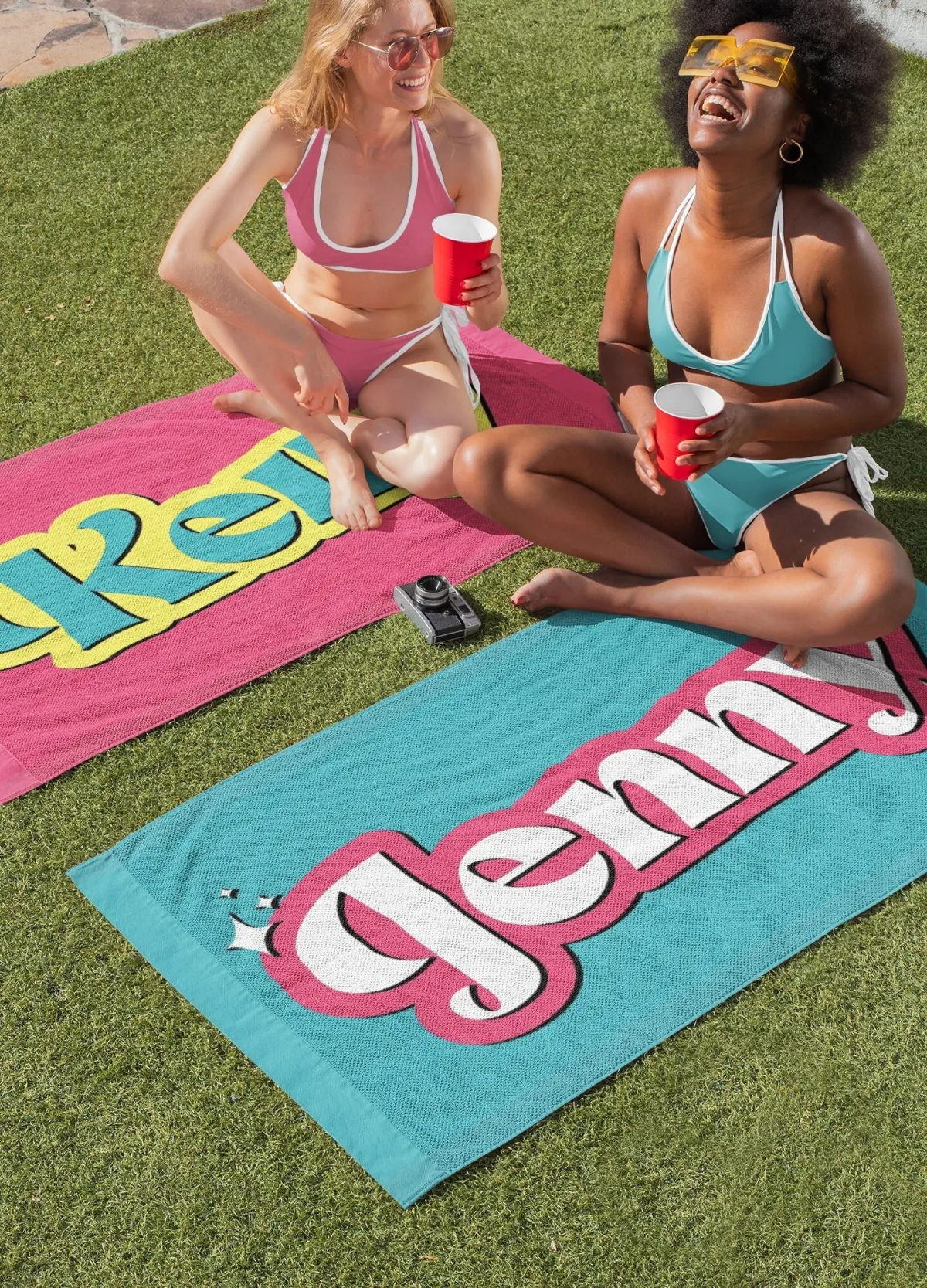 Retro Style Personalized Beach Towel, Custom Name Bath Towel, Birthday Summer Vacation Gift for Kids, Bride Bachelorette Party, Neon Colors