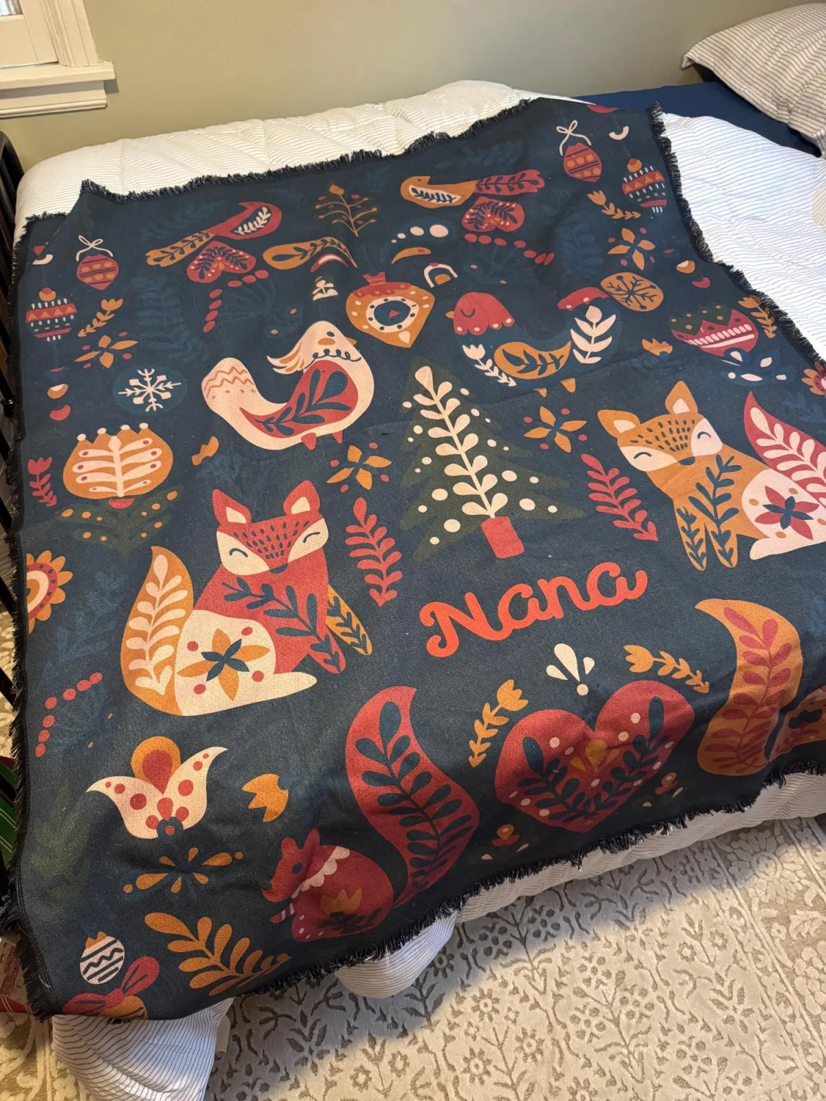 Scandinavian Folk Christmas Art Blanket, Personalized Woven Tapestry,Norwegian Swedish Sofa Throw, Woodland Animals, Christmas Gift
