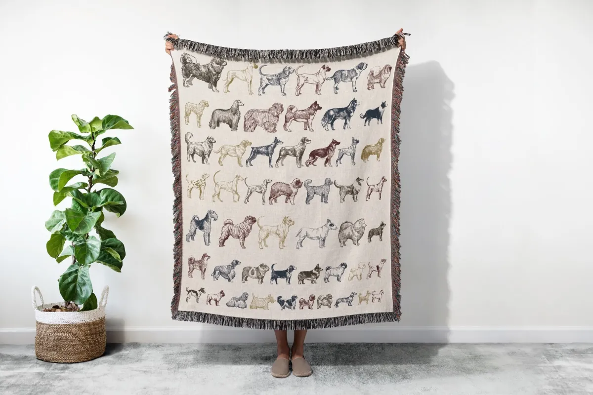 Dog Breeds Fringed Woven Blanket, Gift For Dog Lovers, Bohemian Animal Couch Throw, Present For Dog Mom/Dog Dad, Housewarming Gift