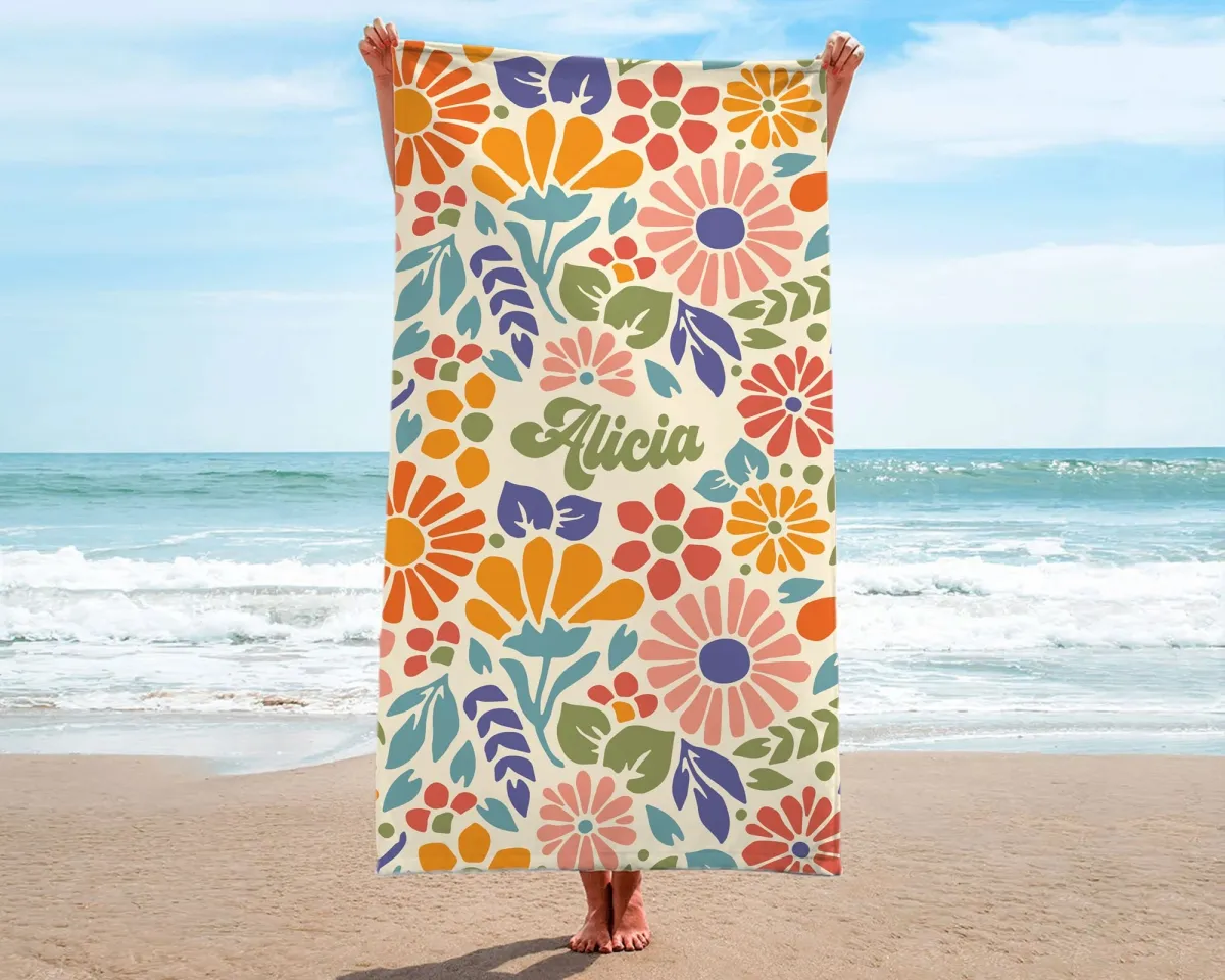 Vintage Floral Print Towel, Custom Beach Towels, Briesmaid/Bachelorette Party Gifts, Colorful Personalized Pool Towel, Bath Towels For Kids