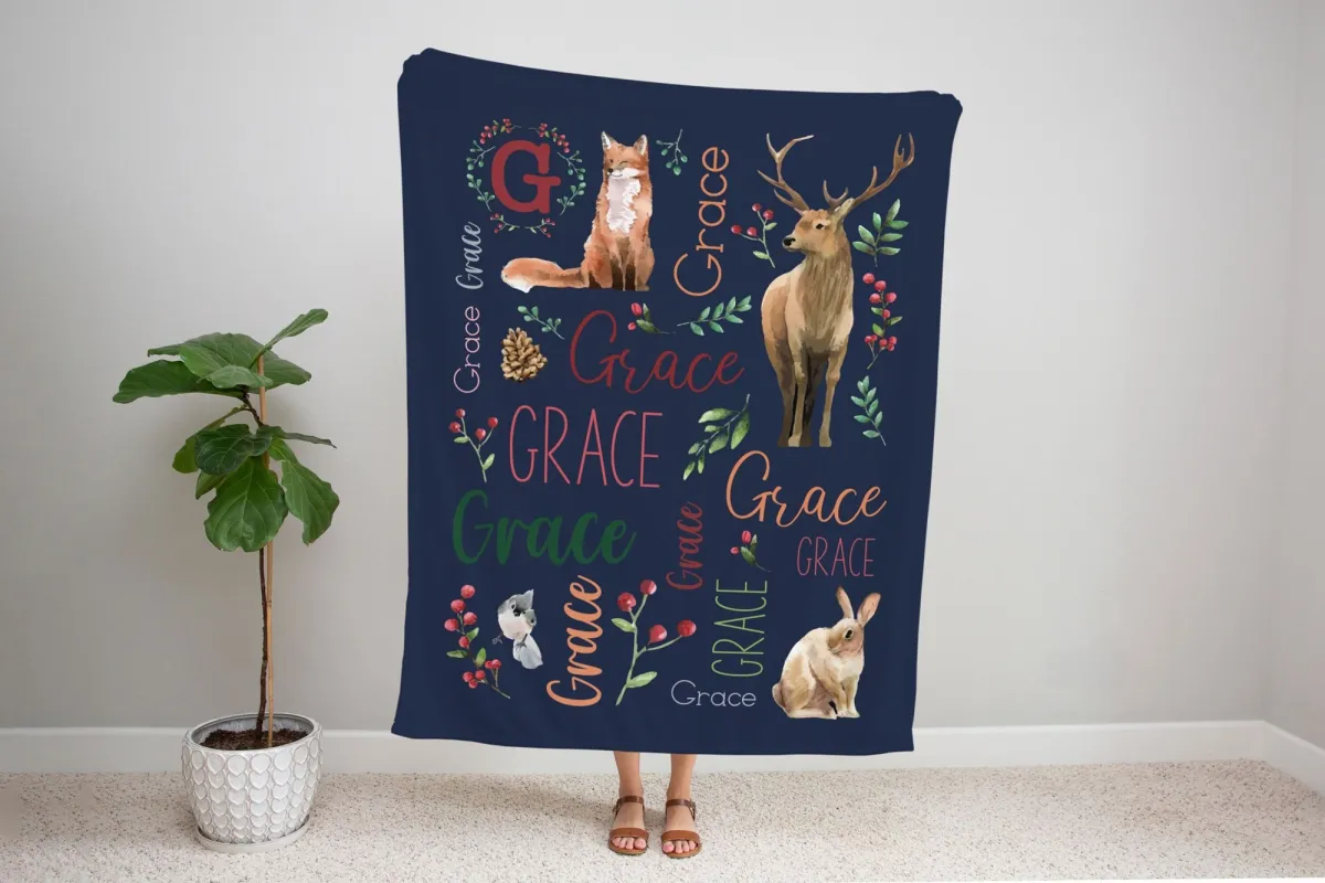 Custom Name Blanket With Woodland Animals, Personalizable Couch Throw, Winter Animals Nursery Decor, Baby Blanket, Christmas Gift