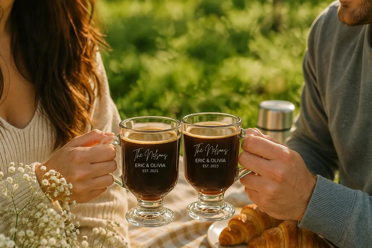 Custom Couple Coffee Mug, Personalized Engraved Latte Glass Mug, Wedding Gift for Bride & Groom, Anniversary Mug Set, Newlywed Gift