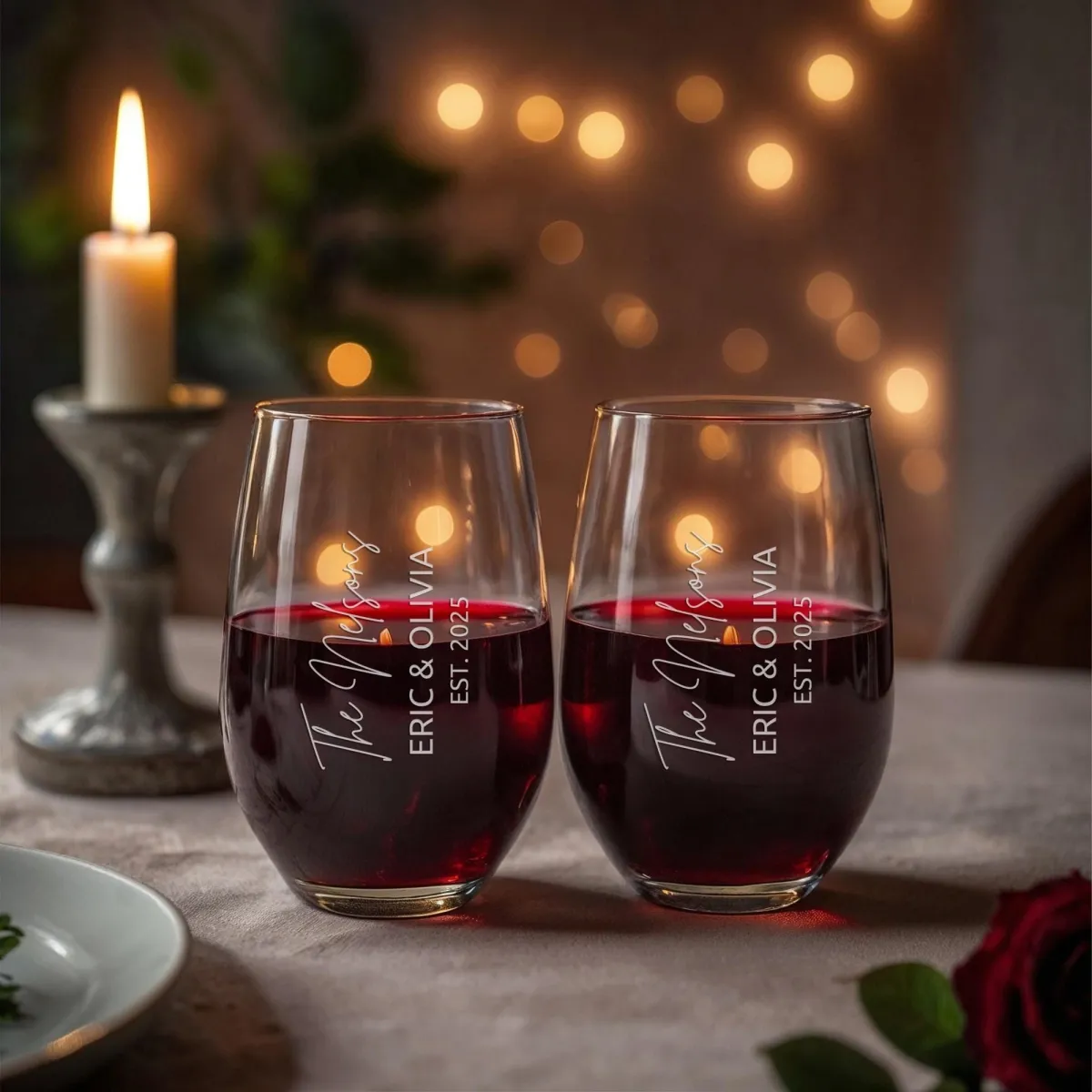 Personalized Stemless Wine Glass Set, Engraved Couple Wine Glasses, Custom Anniversary Gift, Wedding Gift, Newlywed Glasses