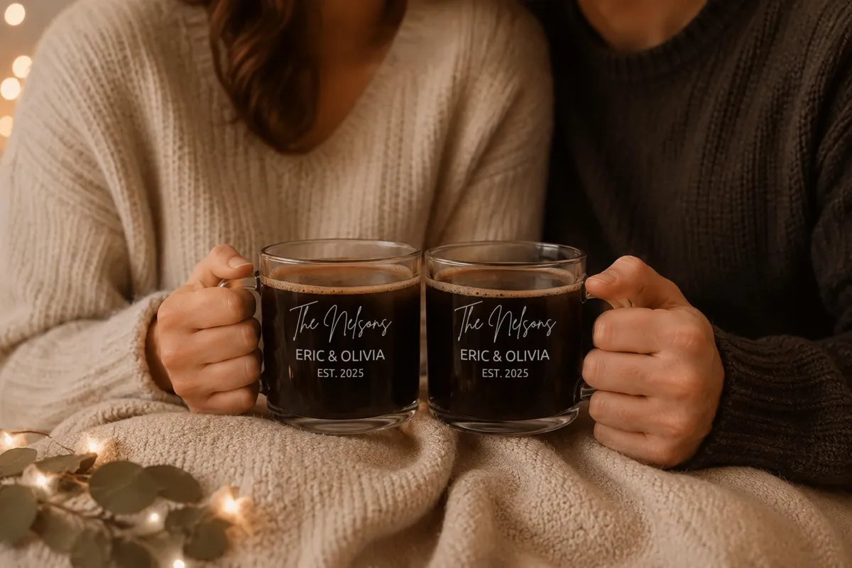 Personalized Engraved Glass Coffee Mug Set, Custom Couple Coffee Cups, Wedding Gift for Couple, Anniversary Gift, Mr and Mrs Mug Set