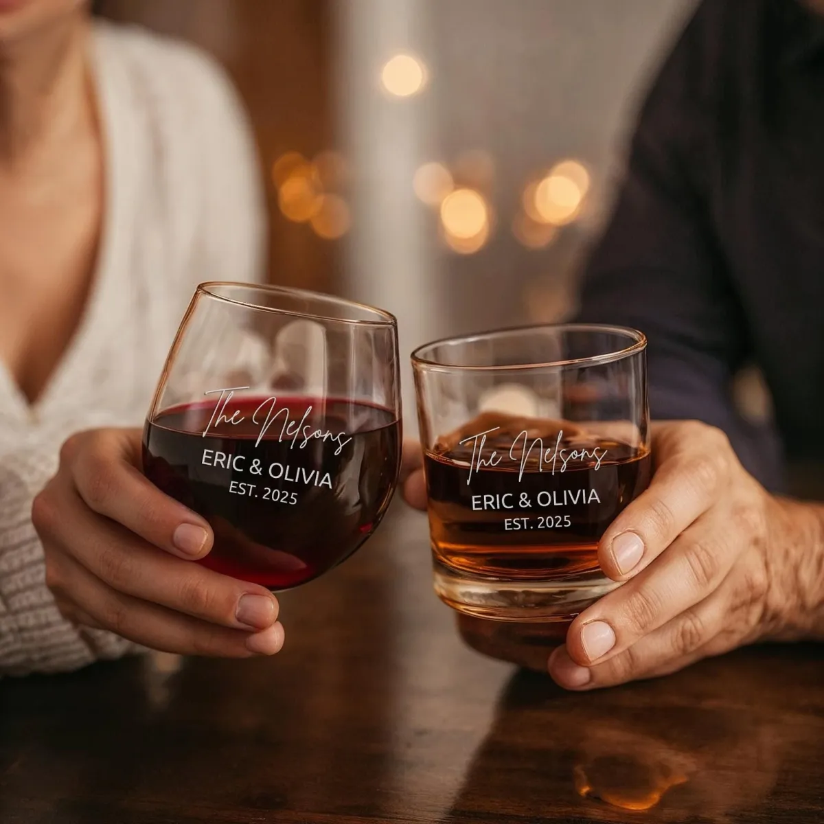 Personalized Whiskey & Wine Glass Set for Couples, Custom Engraved His Hers Glasses, Wedding Couple Gift, Anniversary Gift, Newlywed Gift