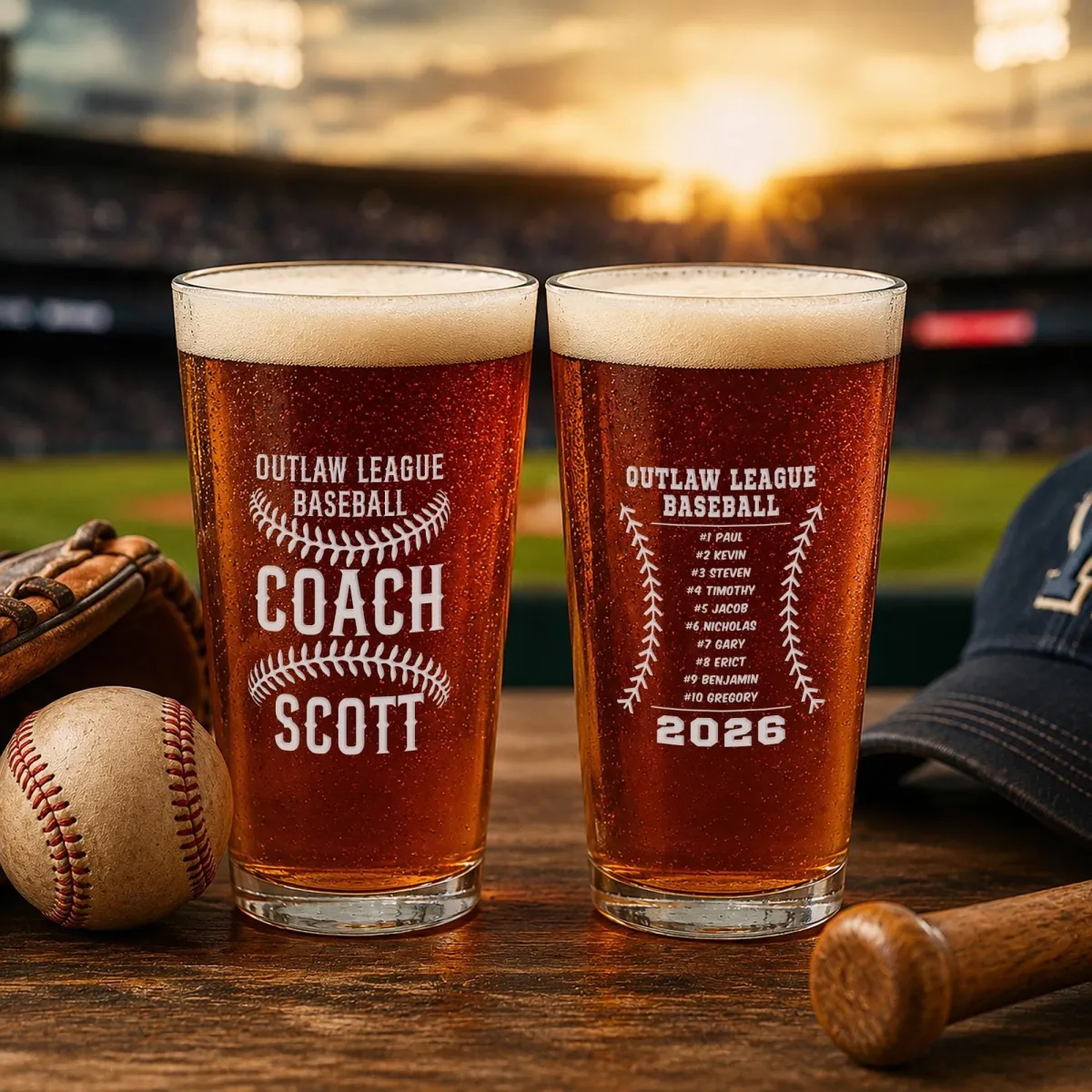 Personalized Baseball Coach Pint Glass, Custom Engraved Team Roster Beer Glass, Baseball Team Gift for Coach, Senior Night Gift