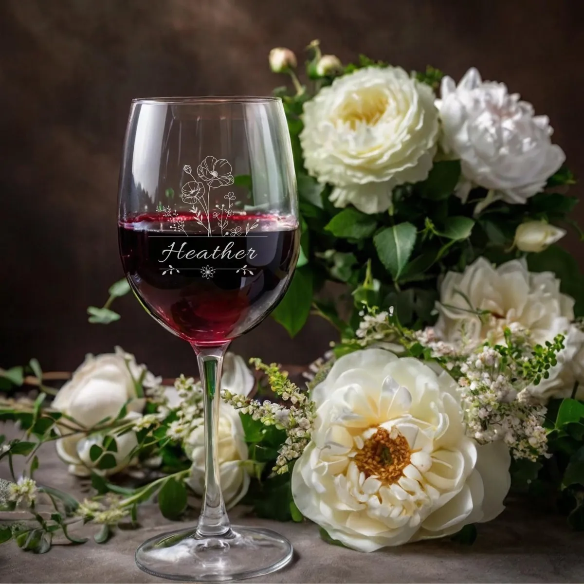 Personalized Birth Flower Wine Glass, Custom Engraved Floral Gift for Mom