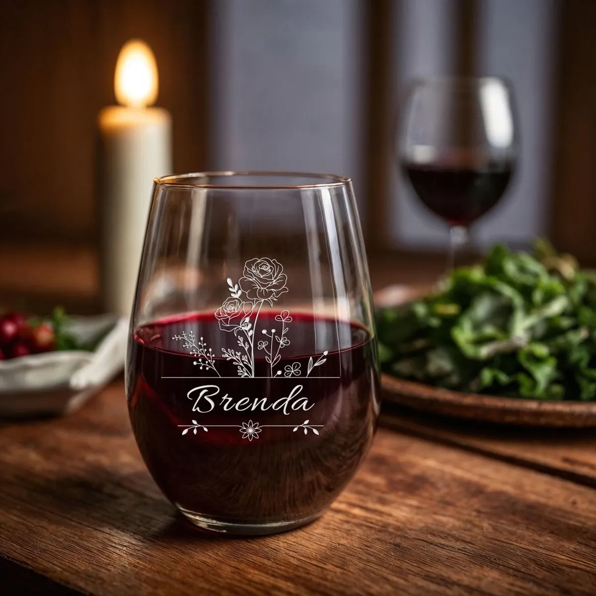 Personalized Birth Flower Wine Glass, Custom Engraved Floral Stemless Glass