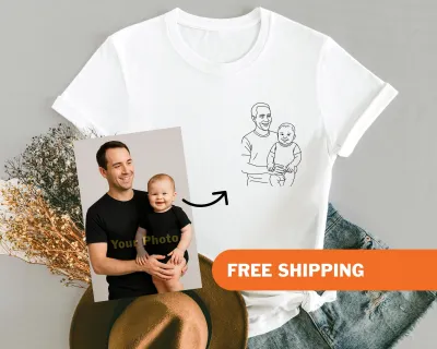 Custom Drawing Photo Shirt for Dad, Personalized Dad and Kid Drawing Shirt, Sketch Photo Father's Day Tshirt, Dad Birthday Gift, Husband Tee
