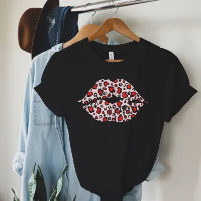 Love Kiss Valentines Day Shirt, Lips Leopard Pattern Shirt, Lipstick Mark Tee, Cute Valentine Shirt, Love Shirt, Valentine Gift, Couple Gift