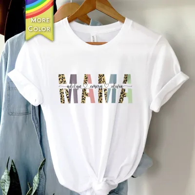 Custom Mama Shirt With Kids Names, Gold Leopard Print Personalized Mom Shirt, Mother's Day Shirt, Custom Kid's Names Mom Shirt, Gift For Mom