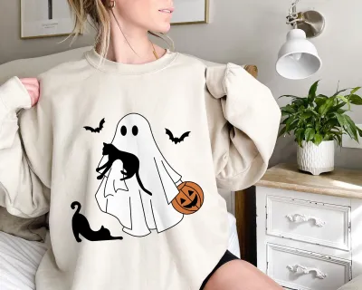 Cat Lover Halloween Sweatshirt, Ghost With Black Cats Sweatshirt, Cute Black Cat Crewneck For Women, Spooky Cat Mom Fall Sweater, Cat Hoodie
