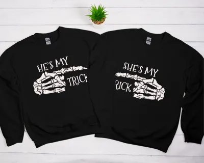 Halloween Couples Sweatshirt, She is my Trick He is My Treat Sweatshirt, Halloween Couple Matching Sweatshirt, Halloween Couple Gift Hoodie