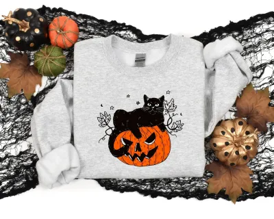 Black Cat on Pumpkin Sweatshirt-Hoodie, Sweatshirt-Hoodie for fall, Black Cat Sweatshirt-Hoodie, Halloween Black Cat Design, Halloween Gifts