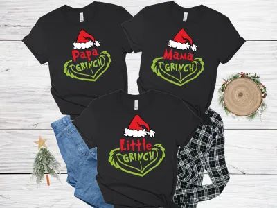 Family Matching Grinch Shirt, Personalized  Custom New Year Shirt, Customized Gift Tee, Mama-Papa-Little Santa Grinch shirt