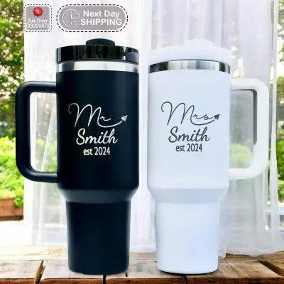 Personalized Mr and Mrs 40oz Tumbler, Bride and Groom Travel Mug, Engagement Set, Honeymoon Present, Wedding Party Gift, Mr. and Mrs. Cup
