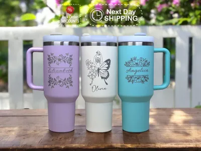 Personalized Flowers 40oz Tumbler with Handle and Straw, Insulated Flower Engraved Cup, Christmas Gift, Custom 40oz Tumbler, Birthday Gift