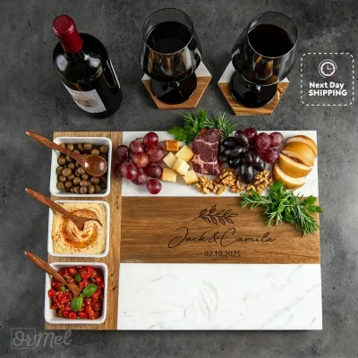 Custom Charcuterie Board Gift Set, Personalized Marble Cheese Board with Bowls, Engraved Serving Tray, Housewarming Gift with Coasters