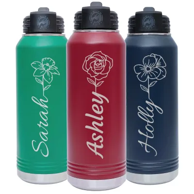 Personalized Laser Engraved 12 20 32 40 oz Water Bottle with Name & Sport Logo