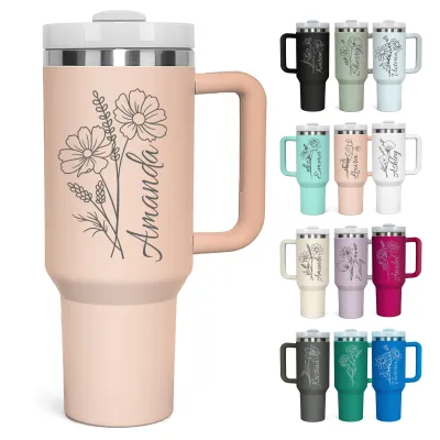 Personalized 40 Oz Tumblers with Names and Flowers, Custom Stainless Steel Tumbler with Handle and Straw