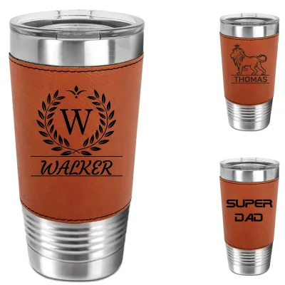 Personalized 20oz Leather Tumbler with Name and Logo, Personalized Stainless Steel Insulated Travel Mug Included Engraving