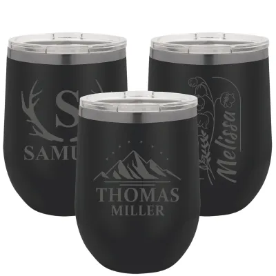 Personalized 12 oz Insulated Stemless Wine Tumbler with Lid, Laser Engraved Stainless Steel Custom Wine Tumbler Travel Mug with Name