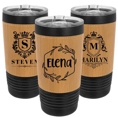 Personalized 20oz Leather Tumbler with Name and Logo, Customize Stainless Steel Insulated Travel Mug Included Engraving