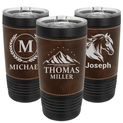 Personalized 20oz Leather Tumbler with Name and Logo, Customize Stainless Steel Insulated Travel Mug Included Engraving