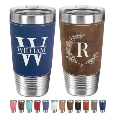 Personalized 20oz Leather Tumbler with Name and Logo, Personalized Stainless Steel Insulated Travel Mug Included Engraving