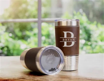 Personalized 20oz Leather Tumbler with Name and Logo, Personalized Stainless Steel Insulated Travel Mug Included Engraving