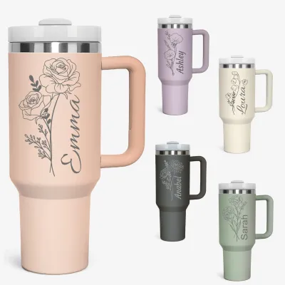 Personalized 40 Oz Tumblers Birth Flowers with Names, Custom Stainless Steel 40 Oz Tumbler with Handle and Straw