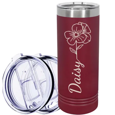 Personalized 22 Oz Skinny Tumblers with Name and Flowers, Custom Stainless Steel Skinny Tumbler with Lid, Gift for Her