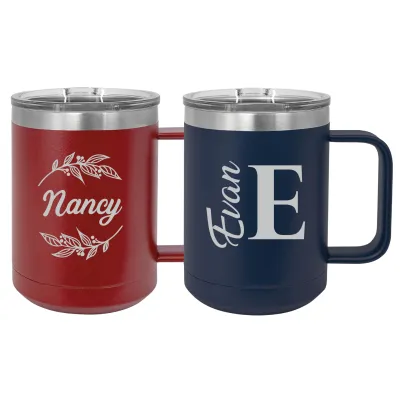 Custom Personalized 15 Oz Insulated Travel Tumbler Coffee Mug with Handle and Lid