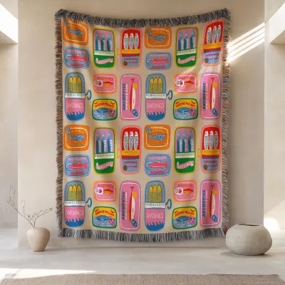 Vintage Woven Sardine Tin Blanket, Coastal Grandmother Decor, Maximalist Tinned Fish Tapestry, Foodie Gift Idea, Mid Century Picnic Throw