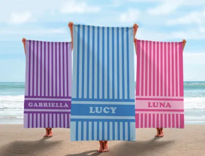 Custom Striped Beach Towel with Name, Groovy or Preppy Style, Bridesmaid or Pool Gift, Summer Vacation, Club & Bridal Party Towel