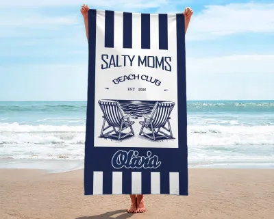 Personalized Salty Moms Beach Club Retro Towel, Cute Aesthetic Summer Towel for Mom, Pool or Beach Gift, Mother's Day Gift