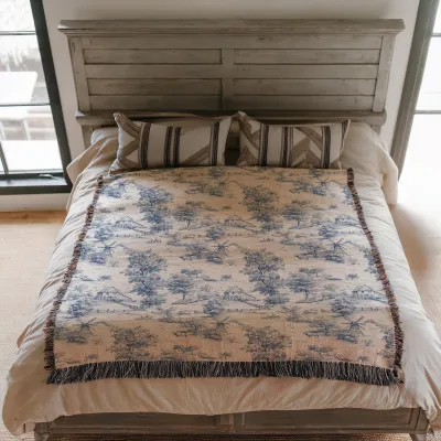Woven Toile de Jouy Throw Blanket,Blue and White Vintage French Country Pastoral Scene, Farmhouse Cotton Fringe Blanket, Coquette Room Decor