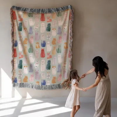 Cat Breed Woven Blanket - Boho Fringed Throw, Gift for Cat Lovers, Cotton Tapestry, Cat Mom Dad Gift, Animal Lover Housewarming Present