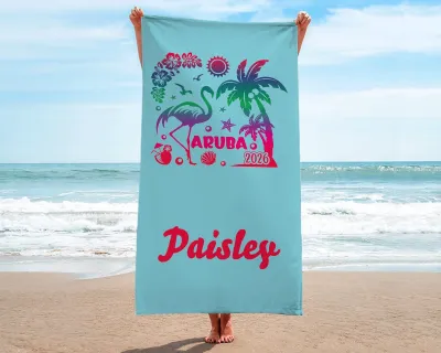 Personalized Aruba 2026 Beach Towel, Custom One Happy Island Vacation Souvenir, Family Cruise Gift, Tropical Pool Towel for Girls Trip