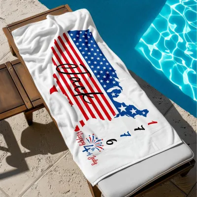 Custom Patriotic Beach Towel, Personalized 4th of July Towel with American Flag, Red White Blue Gift for Independence Day & USA Lovers