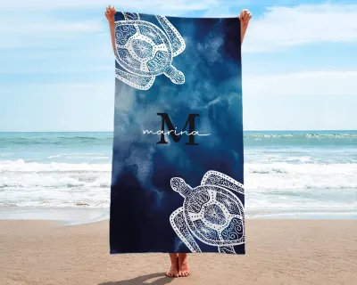 Tie Dye Style Custom Name Beach Towel,Mandala Turtle Design, Personalized Beach Towel, Birthday Gift, Bohemian Style, Bachelorette Party