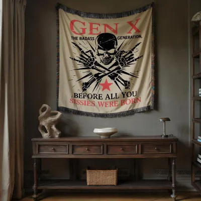 Retro Gen X Sissies Blanket, Badass Skull Generation X Woven Tapestry, 1970s Born Gift, Grungy Aesthetic Throw, Gen X Ready to Press Decor
